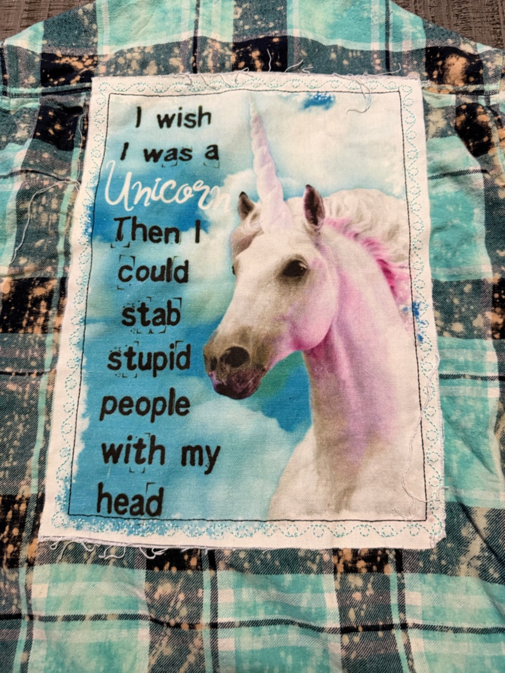 Angry Minnow Teal Plaid Button-Down Shirt Unicorn & Phrase on Back - Picture 10 of 12